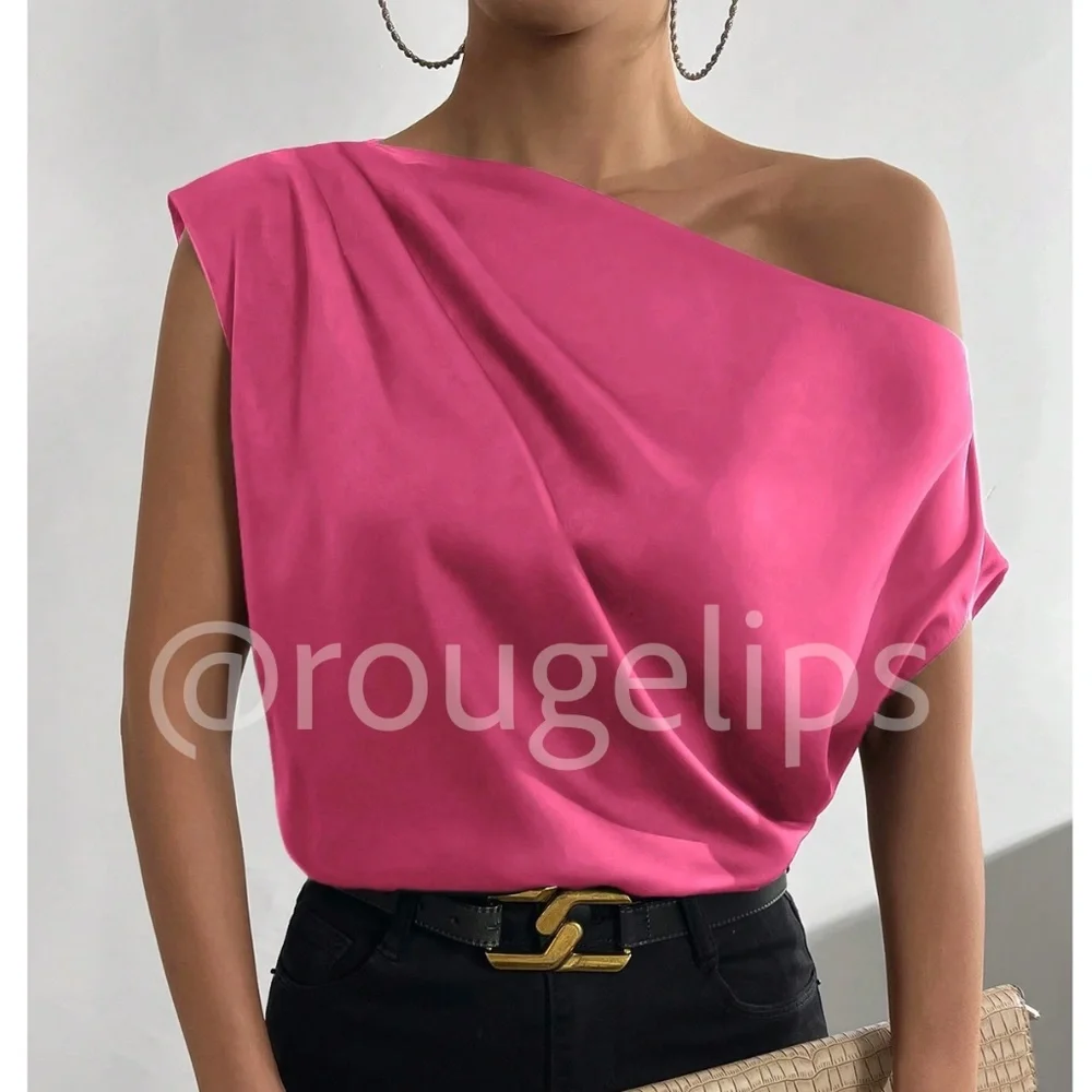 Hot Pink Satin Draped Asymmetrical Blouse Top Off One Shoulder - Picture 1 of 8